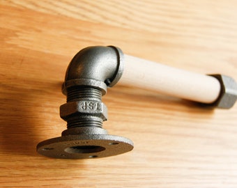 Industrial toilet paper holder with valve / WC dispenser - (20/27 mm), Untreated beech handle - Industrial style - Wood Toilet paper