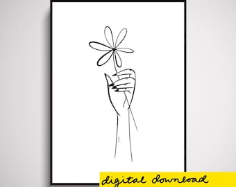Flower in Hand Wall Art Print Digital Download | home decor, illustration, floral, nature, black, white, A3, A4, A5