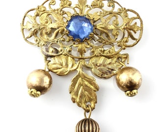 Vintage Filigree Dangle Brooch, Vintage Brass Glass Girandole Brooch, WWII Era Statement Pin, 1940s Brooch, Vintage Jewelry, Estate Jewelry