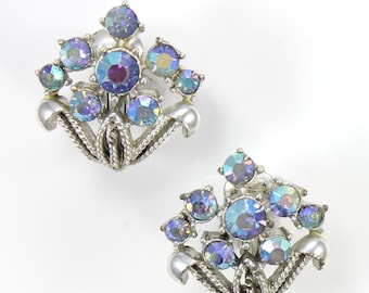Vintage Blue Aurora Borealis Rhinestone Coro Earrings - Something Blue Wedding Jewelry - Silver Tone Clip On Earrings - Signed Costume