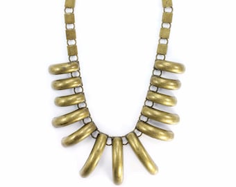 Bold Vintage Antique Gold Tone Bib Necklace, Mid Century Modern Gold Tone Statement Necklace, 1960s Brassy Runway Necklace, Vintage Jewelry