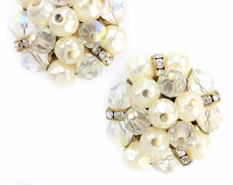 Vintage Laguna Faux Pearl Crystal Earrings, Vintage 1960s Faux Pearl Rhinestone Cluster Earrings, Laguna Clip On Earrings, Vintage Jewelry