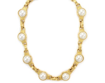 Vintage Anne Klein Simulated Pearl Gold Tone Collar Necklace, 1980s Anne Klein Gold Tone Faux Pearl Statement Necklace, Vintage Jewelry