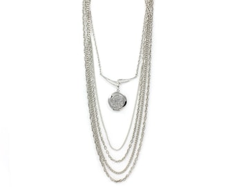 Vintage Silver Tone Locket Multi Strand Necklace, Seventies Torsade Silver Tone Locket Necklace, Layered Locket Necklace, Vintage Jewelry