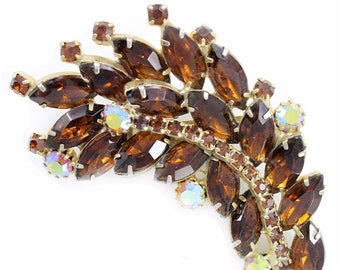 Vintage Rhinestone Spray Brooch Root Beer Aurora Borealis, 1960s Layered Brown Navette Rhinestone Pin, Vintage Rhinestones, Vintage Jewelry