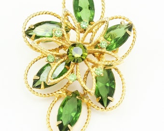 1960s Vintage Green Marquise Rhinestone Mod Brooch - Floral Halo Gold Tone Pin - Estate Jewelry - Vintage Costume Jewelry