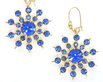 Vintage Capri Blue Rhinestone Starburst Dangle Earrings, Vintage 1960s Bright Blue Rhinestone Snowflake Drop Earrings, Vintage Jewelry