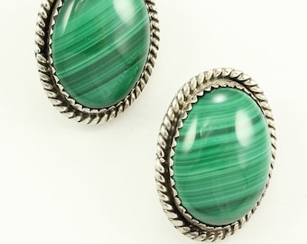 Vintage Malachite Silver Earrings Marked Martin Sterling, Vintage 925 Sterling Silver Malachite ClipOn Earrings,Vintage Southwestern Jewelry