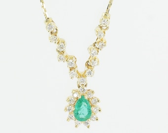 14K Yellow Gold Lab Created Emerald .50 CT Diamond V Necklace, 18 Inch Long May Birthstone Necklace, Vintage Jewelry, Estate Jewelry