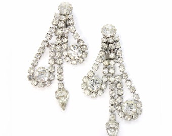 Vintage Rhinestone Clip On Drop Earrings - Loop Dangles in Silvertone - circa 1960 - Vintage Costume Jewelry