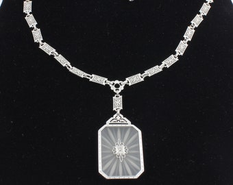 Art Deco 10K White Gold Camphor Glass Diamond Necklace, Edwardian 10K Rock Crystal Quartz Lavaliere Pendant Necklace, Vintage Jewelry