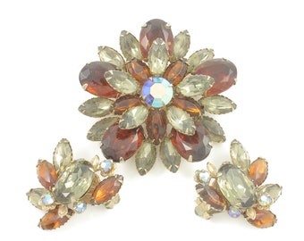 Vintage Orange Topaz Gray Rhinestone Brooch Earrings, 1960s Layered Rhinestone Pin and Earrings, Vintage Rhinestone Pin, Vintage Jewelry