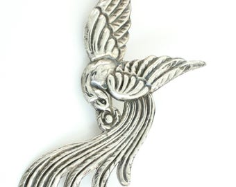 Vintage Sterling Silver Bird of Paradise Brooch, Early Mexican Silver Repousse Bird Pin, 1940s Large 5" Sterling Bird Brooch,Vintage Jewelry