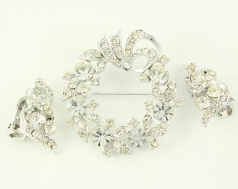 Vintage Lisner Rhinestone Brooch and Earring Set, Signed Lisner Clear Rhinestone Wreath Earring Set, Vintage Rhinestones, Vintage Jewelry