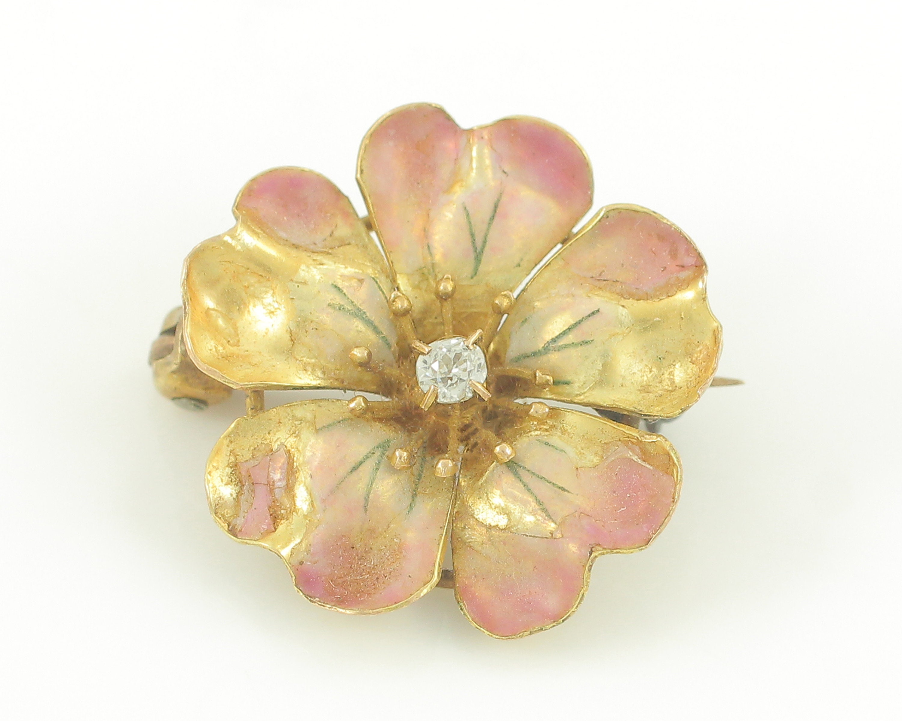 Art Nouveau 14K Diamond Enamel Flower Pin, Antique 14K Gold