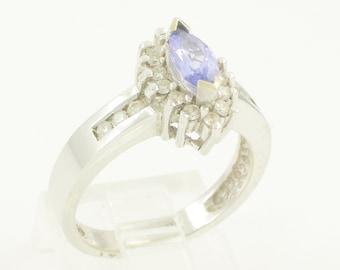 14K White Gold Tanzanite Diamond Halo Ring with Channel Set Band - Alternative Engagement - 4.7 grams Size 7 c1980 - Vintage Estate Jewelry