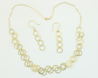 Vintage 14K Gold Circles Necklace and Earrings, Oro America 14K Necklace Earring Set, Modernist 14K Necklace Dangle Earrings,Vintage Jewelry
