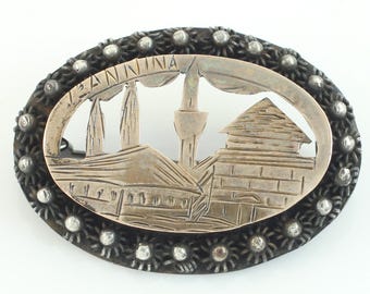 Victorian Landscape 800 Silver 10K Gold Filled Brooch, Antique Silver Mosque Scene Travel Pin, Vintage Islamic Souvenir Pin, Vintage Jewelry