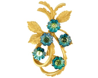 Vintage Blue Green Margarita Flower Brooch, Mid Century Floral Rhinestone Brooch, Vintage Blue Gold Tone Floral Brooch, Vintage Jewelry