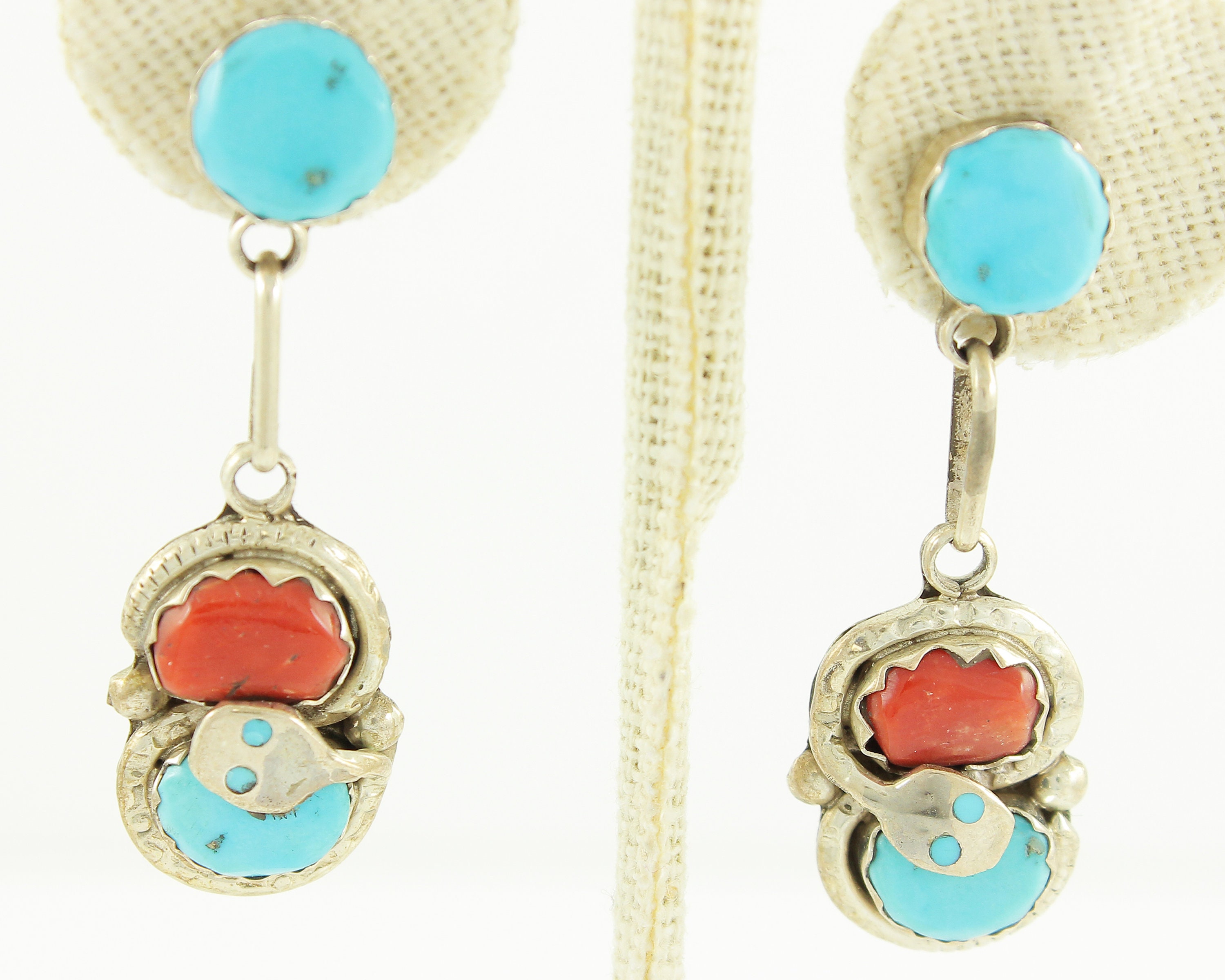 Effie C Calavaza Turquoise Coral Silver Snake Dangle Earrings Double