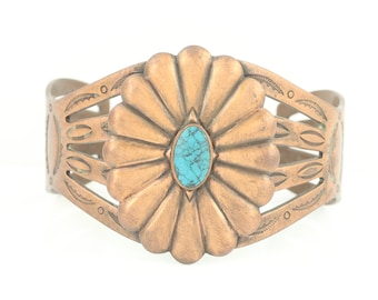 Vintage Copper Blue Stone Southwestern Bracelet, Vintage Stamped Copper Concho Howlite Cuff Bracelet, 1950s Copper Cuff, Vintage Jewelry