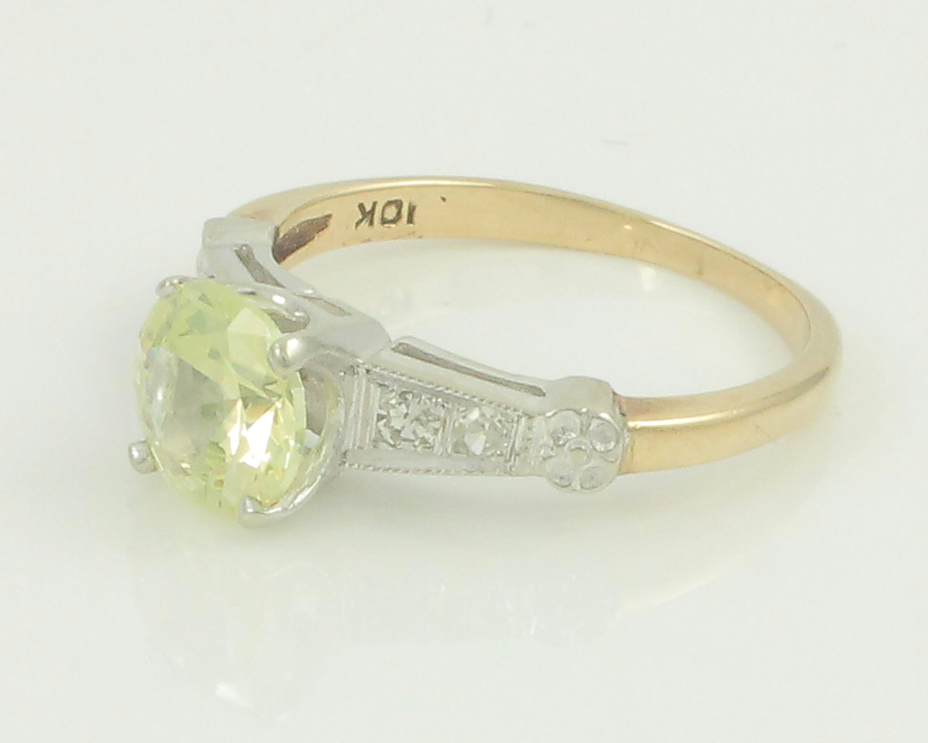 Vintage 10K Pale Yellow Lab Created Spinel Diamond Ring, Vintage
