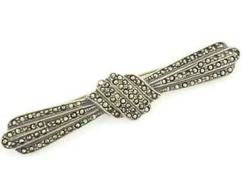 Vintage Sterling Silver Marcasite Bow Brooch, 925 Sterling Silver Marcasite Bar Pin, 1980s Art Deco Revival Pin, Vintage Jewelry