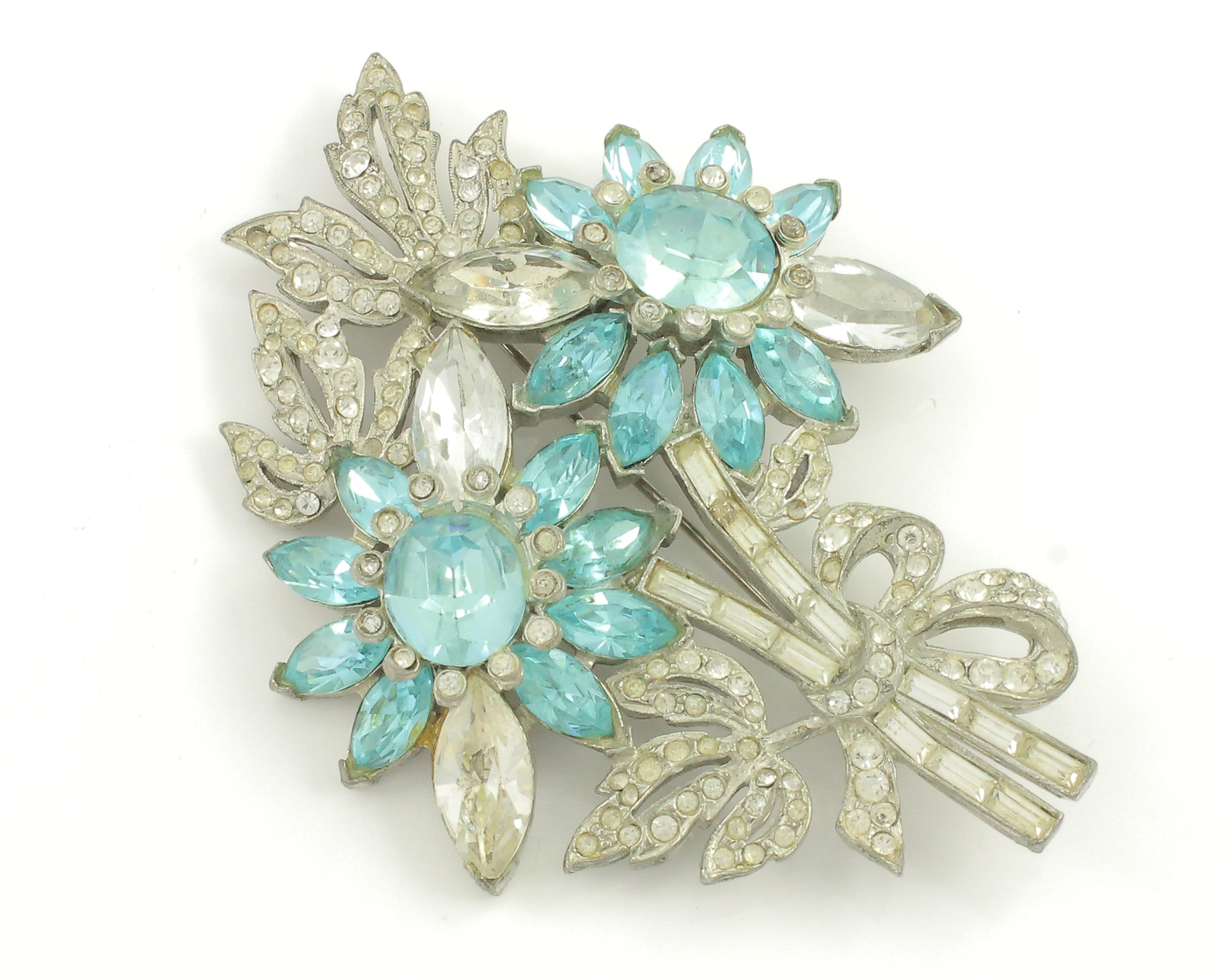 Aqua Open Flower Brooch with Aqua Blue and Green Rhinestones in The Center of Lovely Curled Petals Lined with Clear Rhinestones