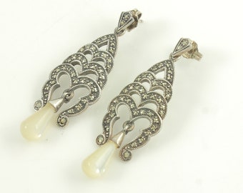 Vintage Sterling Silver Marcasite Mother of Pearl Earrings, 1980s Marcasite Drop Earrings, Vintage Silver Marcasite Dangles, Vintage Jewelry