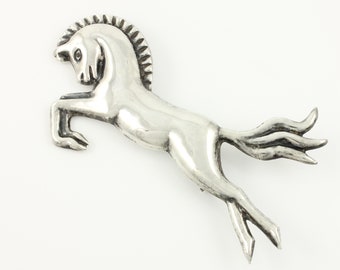 Vintage Sterling Silver Large Horse Brooch, Early Mexican Silver Rearing Horse Pin, 1940s Stylized Sterling Horse Brooch, Vintage Jewelry