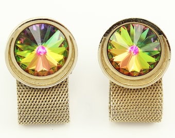 Vintage Watermelon Rivoli Rhinestone Wrap Around Cuff Links, Shields Rhinestone Mesh Wrap Around Cuff Links, 70s Cuff Links, Vintage Jewelry