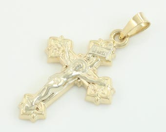 Vintage 14K Gold Crucifix Cross Pendant, 14K Yellow White Gold 1 inch Tall Cross for Necklace, Vintage 14K Crucifix Charm, Vintage Jewelry