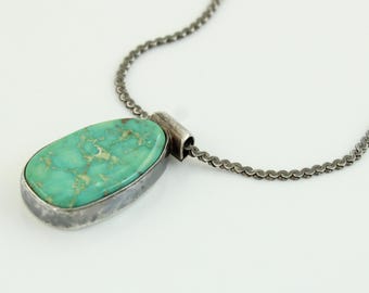 Vintage Turquoise Silver Pendant Necklace, Modernist Sterling Turquoise Pendant Necklace, Artisan 925 Turquoise Pendant, Vintage Jewelry