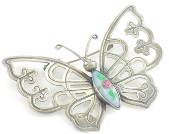 Vintage Mexican Silver Butterfly Brooch with Venetian Glass Body, Mexico Pre-Eagle Mark Sign L c1940, 925 Pin Mexico 18.8g, Vintage Jewelry