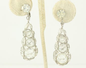 Vintage Mod Crystal Oversized Dangle Earrings, 1960s Crystal Silver Tone Drop Earrings, MCM 2 1/4" Crystal Dangle Earrings, Vintage Jewelry