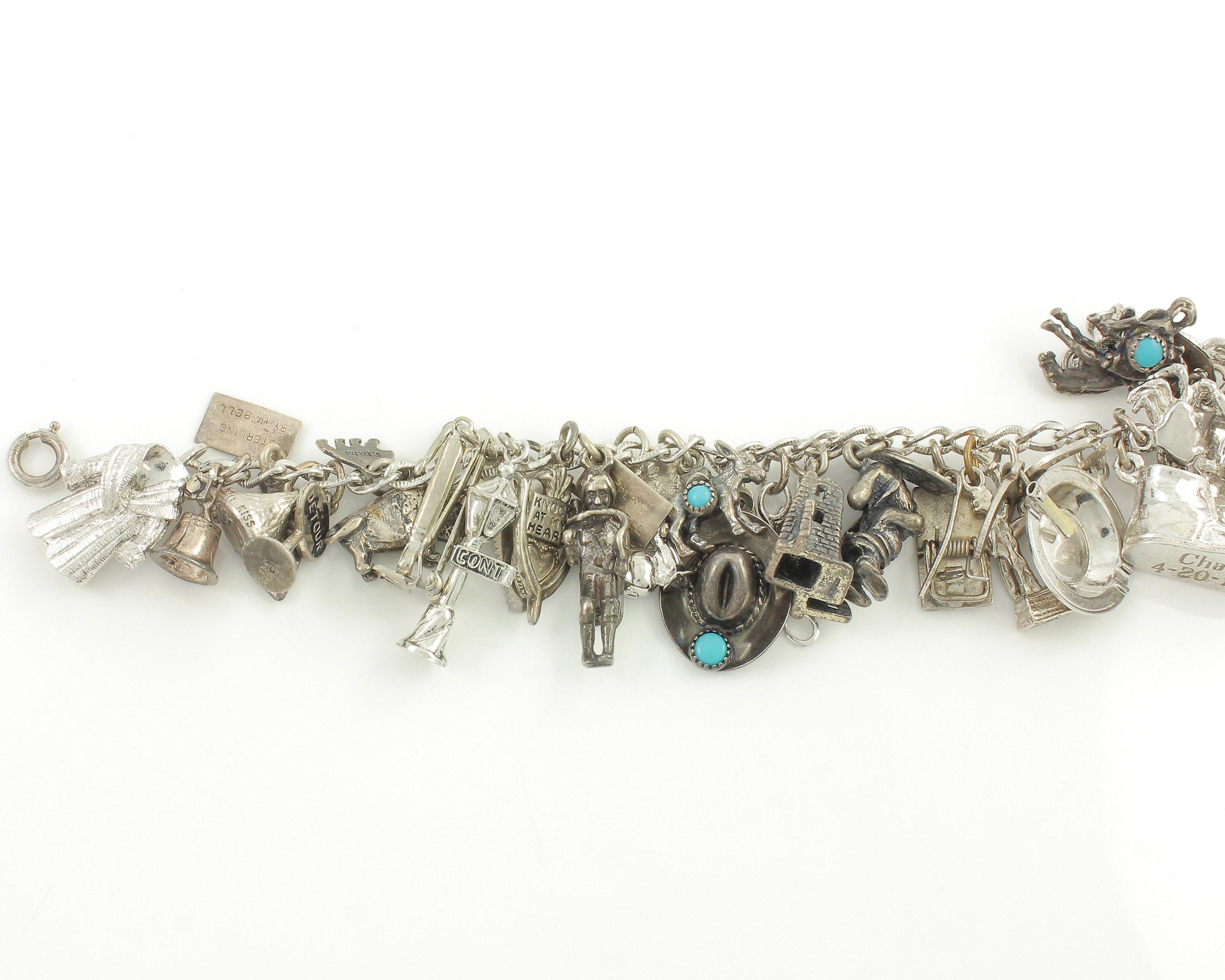 Loaded Sterling Silver Western Charm Bracelet, Turquoise Charm