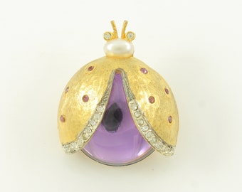 Vintage CRAFT Gem-Craft Jelly Belly Rhinestone Lady Bug Brooch, 1980s Purple Lucite Lady Bird Rhinestone Pin, Lady Bug Pin, Vintage Jewelry