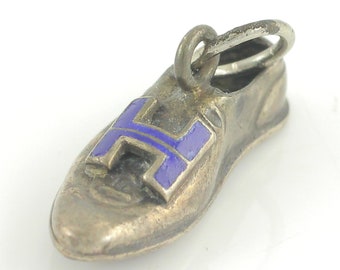 Sterling Silver Enamel Blue H Cleat Running Shoe Bracelet Charm - High School College Track Team - 1.3 gram 925 circa 1930 - Vintage Jewelry