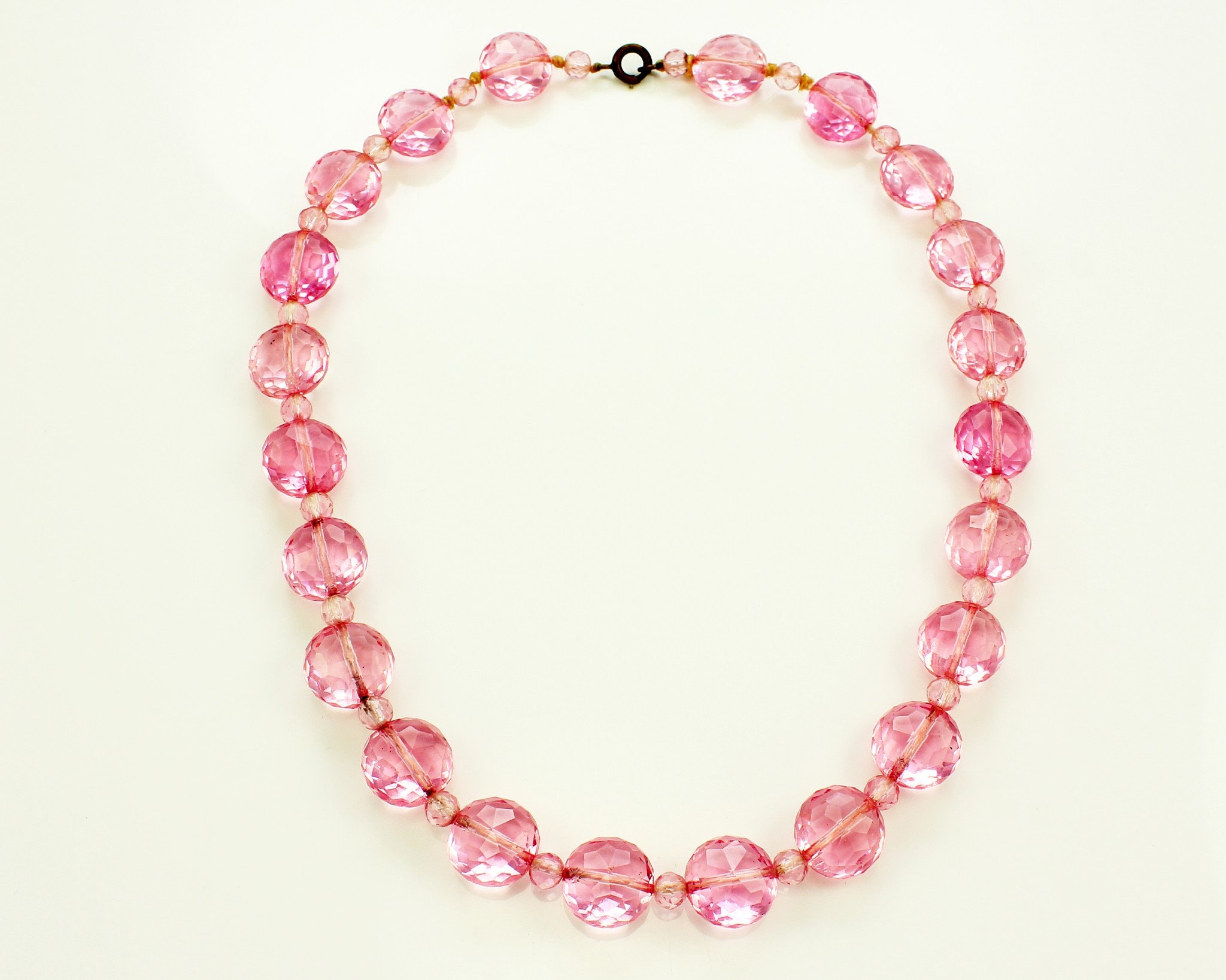 Vintage Art Deco Pink Crystal Bead Necklace Vintage Faceted Lentil Beads Glass Jewelry