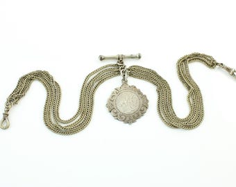 Antique Double Albert T-Bar Pocket Watch Chain Or 15" Necklace, 1900s Silver Plate Double Dickens Watch Chain Engraved Fob, Vintage Jewelry