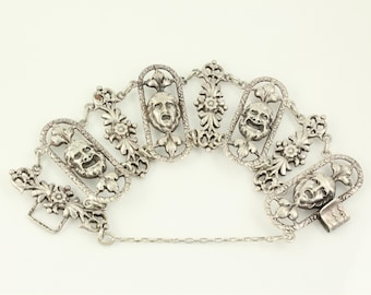 Vintage Cini Sterling Silver Mask Bracelet, Sterling Silver Cini Comedy Tragedy Mask Panel Bracelet, Vintage Cini Bracelet, Vintage Jewelry