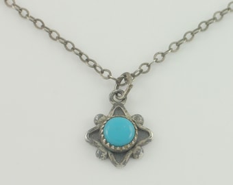 Vintage Turquoise Sterling Silver Pendant Necklace, Vintage Dainty Southwestern Sterling Silver Turquoise Necklace Pendant, Vintage Jewelry
