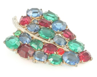 Vintage Red Green Blue Rhinestone Brooch, 1940s Jewel Tone Glass Leaf Brooch, Red Green Blue Brooch, Large Rhinestone Pin, Vintage Jewelry