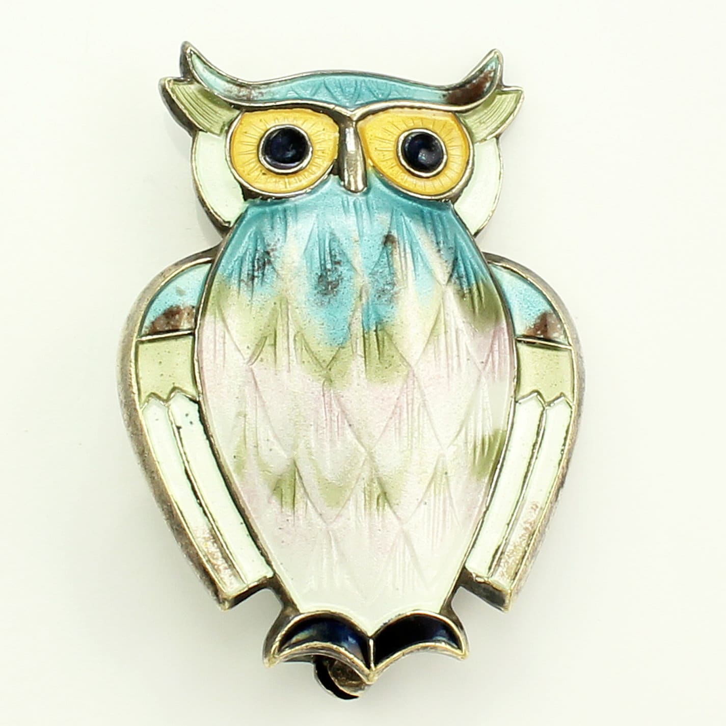 Vintage DAVID ANDERSEN Sterling Silver & Guilloche Enamel Owl Brooch Pin Norway Norwegian