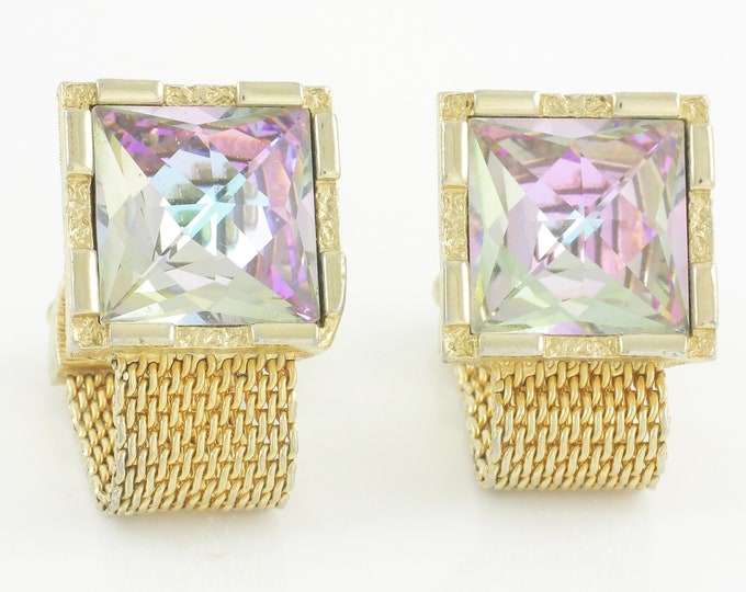 Featured listing image: Sixties Mod Flashy Rhinestone Wrap Around Cuff Links - Swank Gold Tone Mesh Fancy Cut Pink Blue Irridescent Square Crystal - Vintage Jewelry