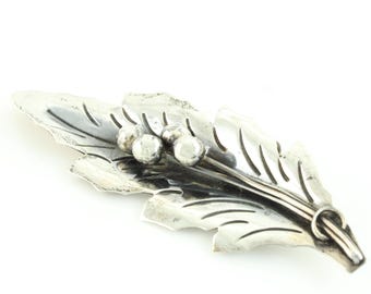 Vintage Taxco Sterling Silver Leaf and Berry Brooch, Mexican 925 Silver Botanical Pin, 1950s Taxco Sterling Silver Brooch, Vintage Jewelry