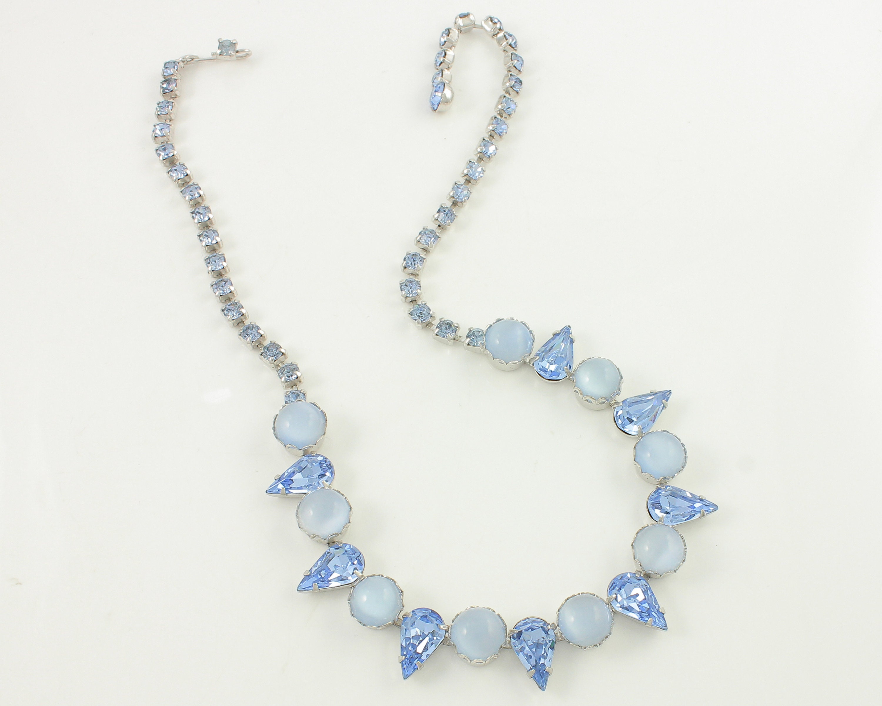 Vintage Blue Rhinestone Choker Necklace, Vintage Glass Moonstone and