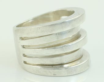 Vintage Modernist Sterling Silver Ring, Chunky 5 Band Sterling Ring, Heavy 925 Silver Ring Size 7.75, Wide Sterling Band, Vintage Jewelry