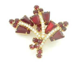 Juliana Red Keystone Aurora Borealis Rhinestone Brooch, Vintage Juliana #2114 Red Brooch, Verified DeLizza & Elster Pin, Vintage Jewelry