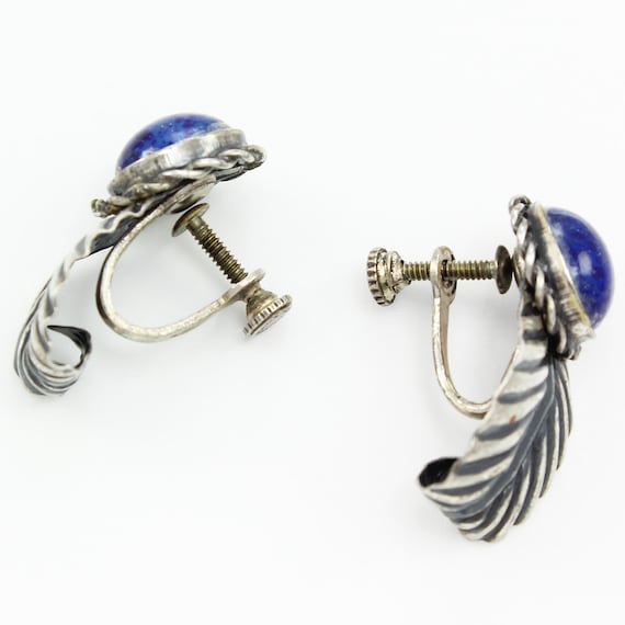Vintage Coro Sterling Feather Faux Lapis Earrings… - image 5